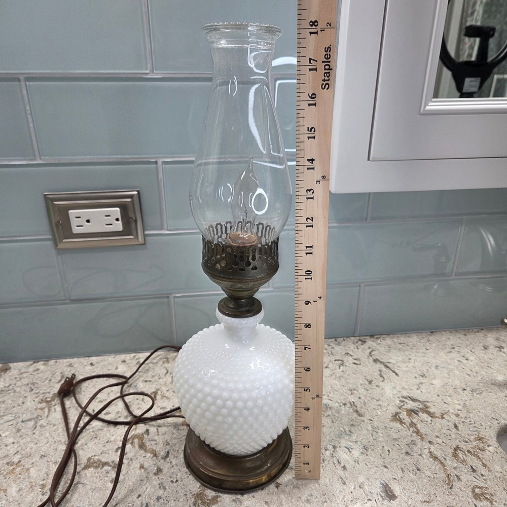 Vintage Hobnail Milk Glass Hurricane Lamp White Electric Tabletop Light - Picture 2 of 14